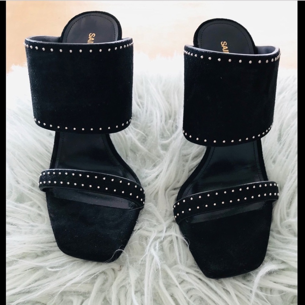 Saint Laurent Black Ladies Oak Mule Suede Studded Sandal Shoe Sz 37.5 NWOT NEW - Picture 3 of 16